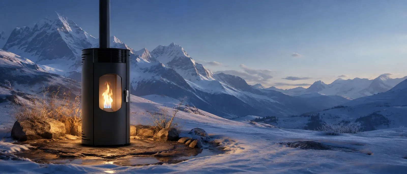 Ein brennender Ambelys-Ofen in einer verschneiten Berglandschaft in der Abenddämmerung.