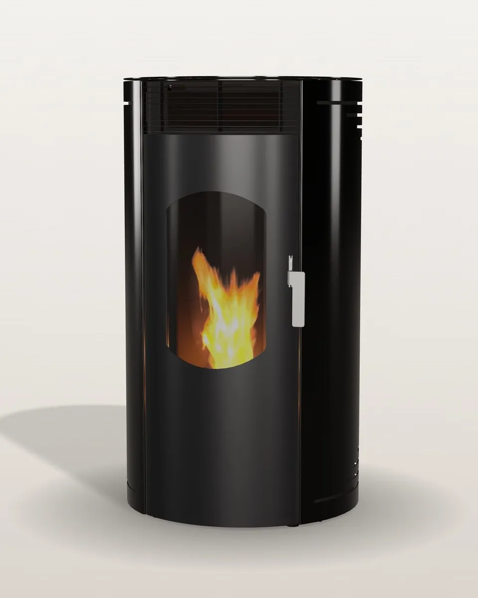 Ambelys-Ofen, runde Ausführung, Schwarz, mit brennender Flamme.